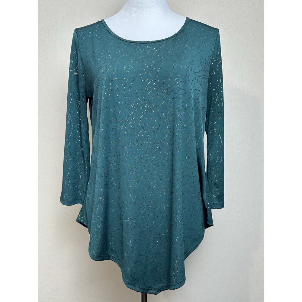 AMANA Women's Sz M Green Long Sleeve Blouse With Gold Embellishments Holiday
